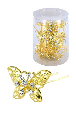 Stone Hair Pin (20/jar) #6740 Gold  (butterfly) - jar