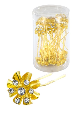 Stone Hair Pin (20/jar) #6748 Gold  (Flower) - jar